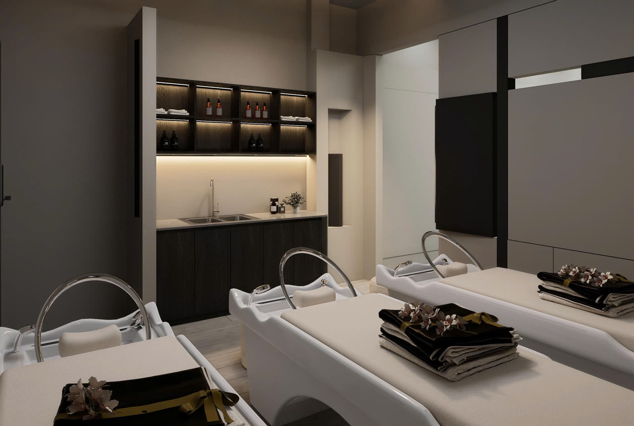 Khu bàn đá marble và cửa kính logo 1900 Hair Salon - Nội Thất Hà Tuấn LX