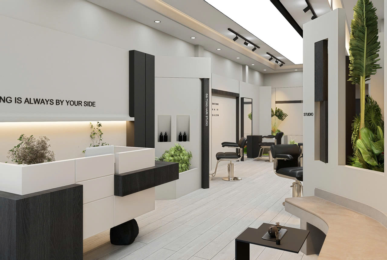 Dãy bàn gương tròn nhìn dọc salon 1900 Hair Salon - Nội Thất Hà Tuấn LX
