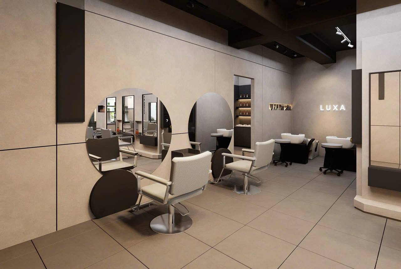 Render 3D khu ghế cắt và khu gội LUX A HAIR - Nội Thất Hà Tuấn LX