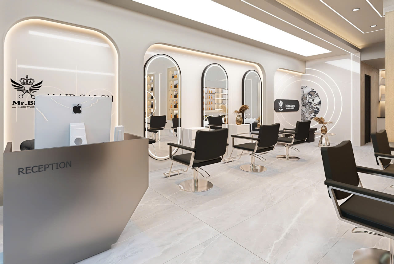 Render 3D quầy lễ tân Mr.Bin Hairstyler - Nội Thất Hà Tuấn LX
