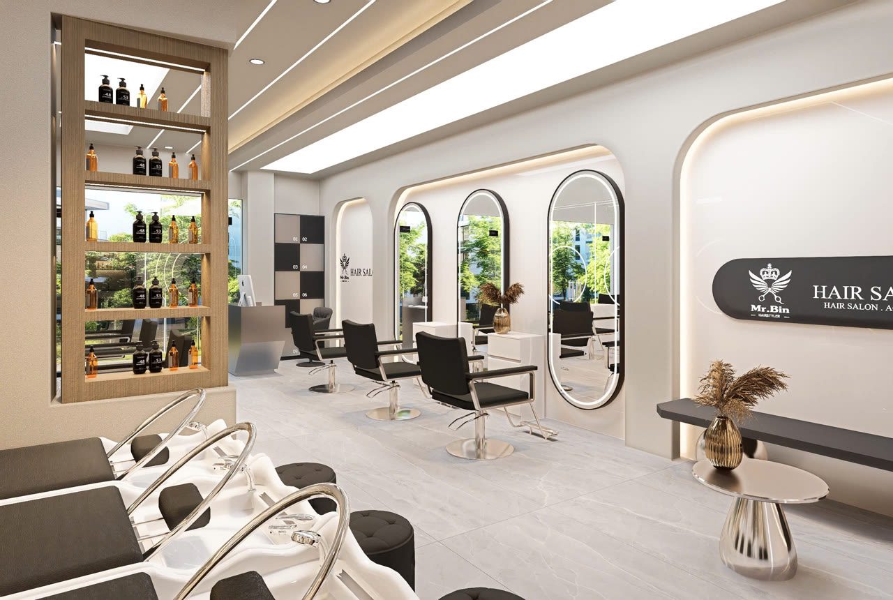 Render 3D dãy gương vòm salon Mr.Bin - Nội Thất Hà Tuấn LX
