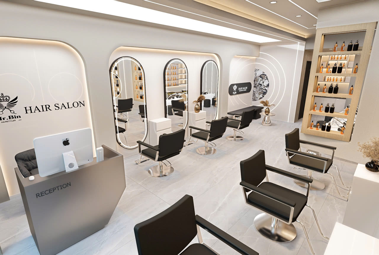 Render 3D tổng thể tường HAIR SALON Mr.Bin - Nội Thất Hà Tuấn LX