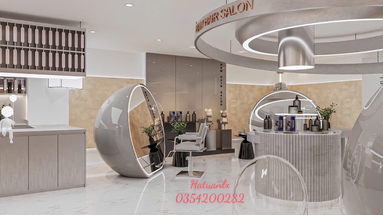 Render 3D toàn cảnh salon NAM Hair Studio góc khác - Nội Thất Hà Tuấn LX