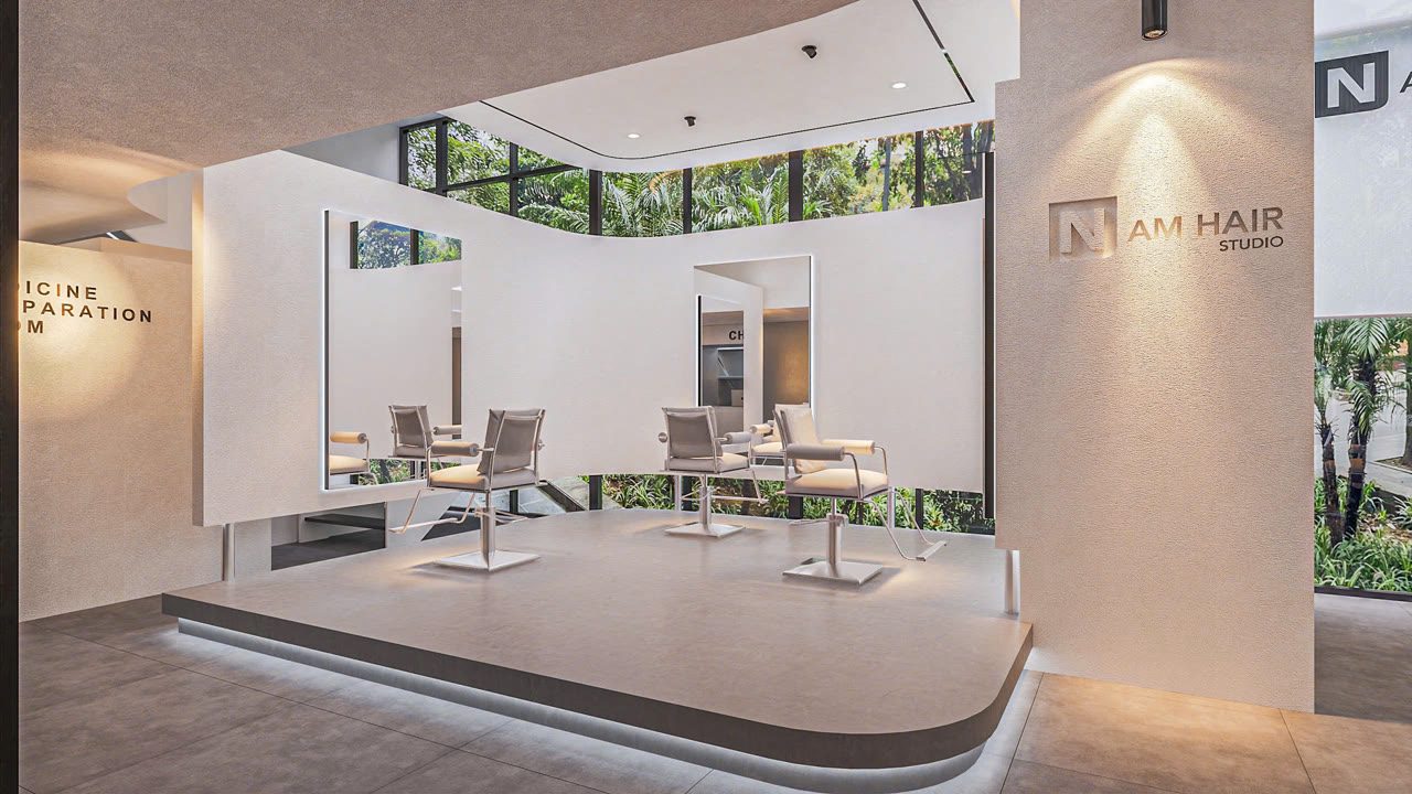 Render 3D bục styling logo NAM Hair Studio - Nội Thất Hà Tuấn LX