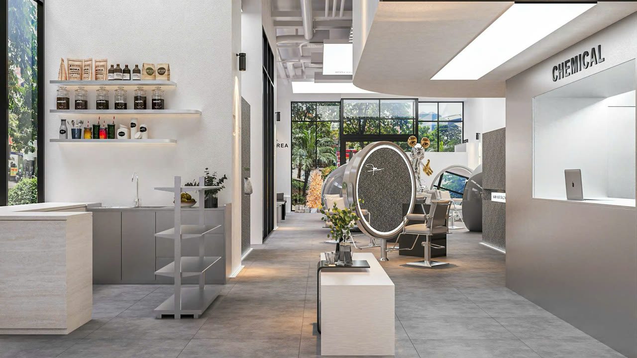 Render 3D khu chemical và kệ sản phẩm NAM Hair Studio - Nội Thất Hà Tuấn LX