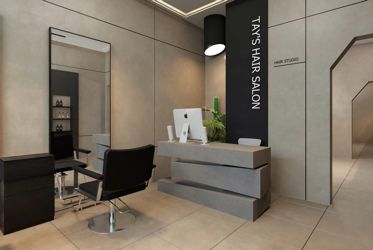 Render 3D quầy lễ tân Tây’s Hair Salon - Nội Thất Hà Tuấn LX
