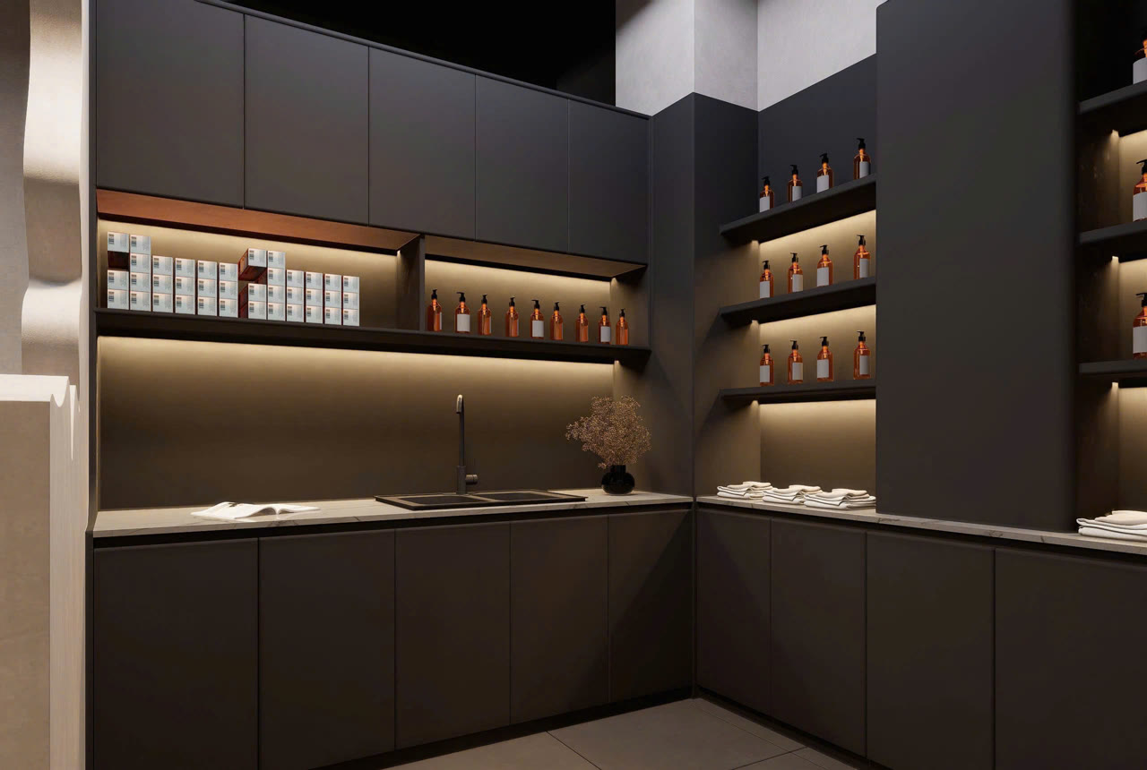 Góc kệ trưng bày sản phẩm salon LUXA tông xám sang trọng - Nội Thất Hà Tuấn LX