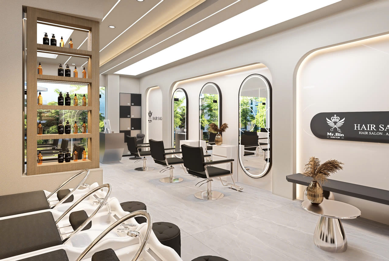 Dãy gương vòm đèn LED và khu vực tạo kiểu Mr.Bin Hair Salon - Nội Thất Hà Tuấn LX