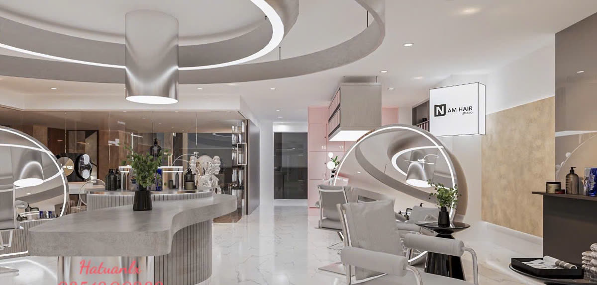 Thiết kế 3D salon 92 Triệu Việt Vương - quầy lễ tân và khu chờ