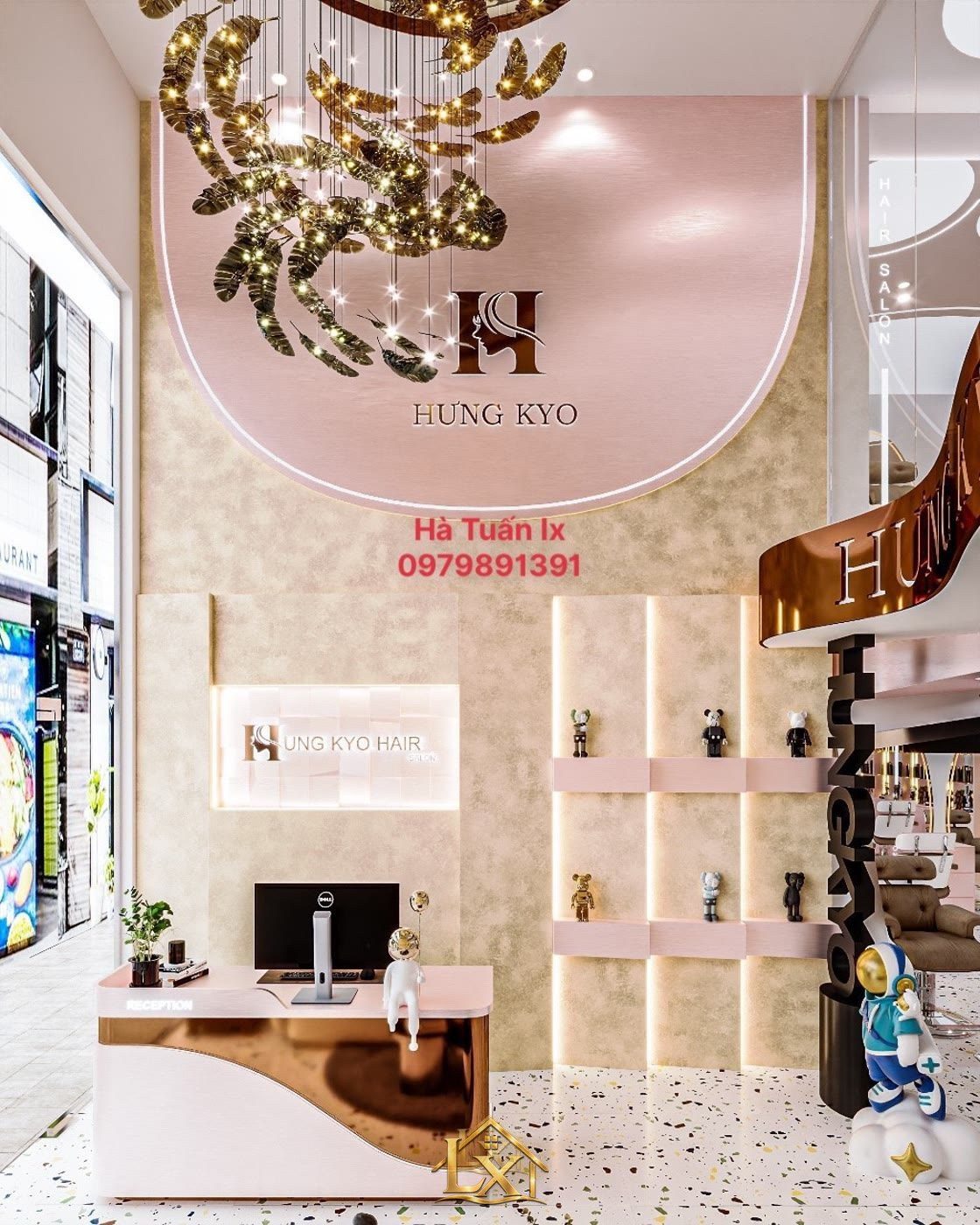 Mẫu quầy lễ tân hồng đồng rose-gold đèn chùm - Nội Thất Hà Tuấn LX