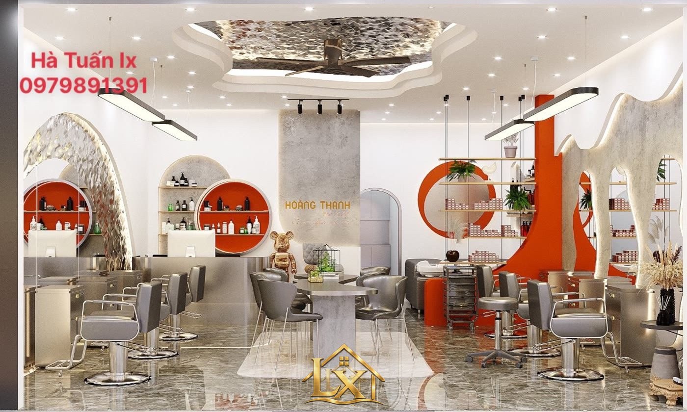 Mẫu quầy lễ tân trắng tổng thể salon cam trắng - Nội Thất Hà Tuấn LX